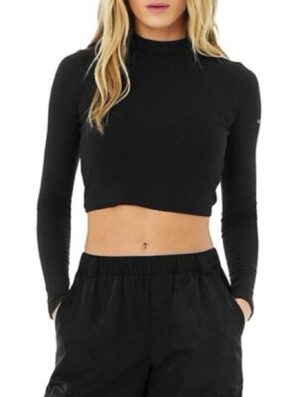 ALO Yoga Black mock neck Long-Sleeve Crop Top open back